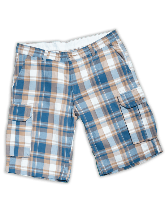 BLUE & BROWN CHEQUERED SHORTS / 36 / LOGO